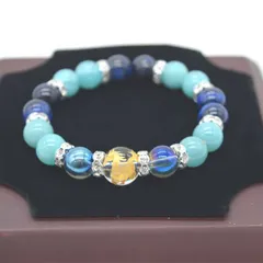 馬彫り水晶パーツ付き 天然石ブレスレット アクアオーラ アマゾナイト ブルータイガーアイ アクセサリー