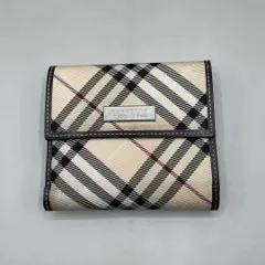 良品　BURBERRY BLUE LABEL バーバリーブルーレーベル　二つ折り財布　ミニウォレット　コンパクト　ノバチェック　シルバー金具　キャンバス　レザー　ベージュのサムネイル