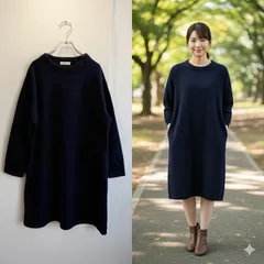 美品⭐️ innoce イノセ ワンピース ロング丈 スウェット ニットポケット 切り替え ゆったり 大きいサイズ 4L オーバーサイズ 体型カバー シンプル 無地 ネイビー 紺 カジュアル ナチュラル 秋服 冬服 防寒 あったか