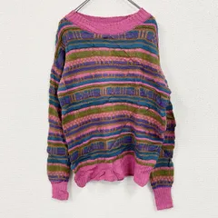 【値引き交渉OK！】古着 used　COOGI風コットンニットセーター　3Dニット　総柄　マルチボーダー　マルチカラー　ピンク