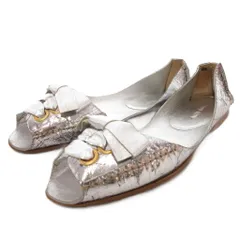 ミュウミュウ miumiu フラットシューズ パンプス 36 23cm オープントゥ リボン クラックレザー シルバーカラー /AE ■GY18