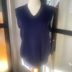 ラルフローレン ニットベスト メンズM ネイビー コットン100% 刺繍ロゴ 美品