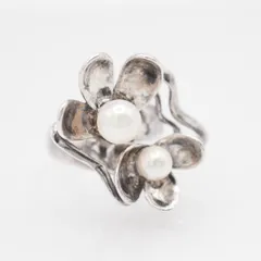 Q254 真珠 パール SILVER刻印 リング フラワー デザイン シルバー 指輪 ヴィンテージ 6月誕生石 14号