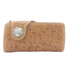 ノーブランド 長財布 二つ折り レザー カービング 彫刻 総柄 チェーン付き 茶色 ブラウン /XZ ■GY11