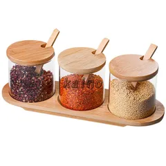 調味料入れ 調味料ポット スパイスボトル 3個セット 竹カバー トレーとスプーン付き ガラス製 おしゃれ 砂糖 塩入れ 湿気防止