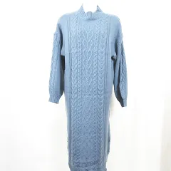 オリーブ デ オリーブ OLIVE des OLIVE ニット ロング ワンピース 長袖 F ブルー ケーブル編み kz12745