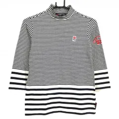【美品】パーリーゲイツ 七分袖ハイネックシャツ ネイビー×白 ボーダー ストレッチ レディース 1(M) ゴルフウェア PEARLY GATES