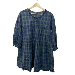 PINK HOUSE(ピンクハウス) チュニック レディース - ネイビー×グリーン クルーネック/七分袖/チェック柄/フリル/リボン