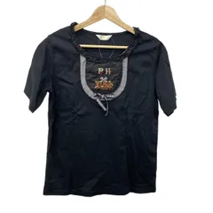 PINK HOUSE(ピンクハウス) 半袖カットソー レディース美品  - 黒 クルーネック/フリル/リボン/フラワー(花)/一部チェック柄