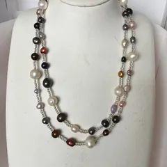 ロングネックレス★淡水本真珠★ビーズ入り★パールネックレス★ハンドメイド★ファッション★デザイン★ネックレス