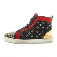 クリスチャンルブタン Christian louboutin スニーカー スエード エナメル レザー ハイカット スパイクスタッズ 刺繍 ロゴ 40.5 25.5cm 黒 ブラック 赤 レッド /XZ ■GY18