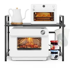 伸縮式 レンジラック 幅(36~65cm) トースターラック 棚板高さ調節可 耐荷重50kg レンジ上ラック シンク上キッチン収納ラック フック4個付き DAIWIN (ブラック)