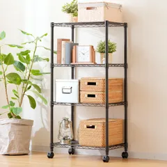 ポール径25mm 幅61×奥行41×高125.5cm（キャスター込） 組立簡単 サビに強い 耐荷重80kg キッチンラック おしゃれ 収納棚 ブラック 黒 スチールラック キャスター付き スリム NO6012-4 奥行40 幅60 4段 ラック ノワール ルミ