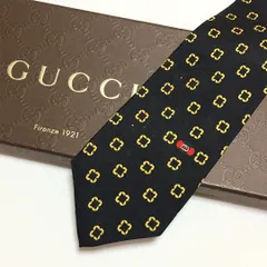 未使用級 グッチ GUCCI  ネクタイ シルク100% ブラック / ペールオレンジ 総柄 スクエア 261-568