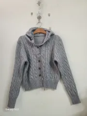 グレー ケーブル編み ニット フード カーディガン