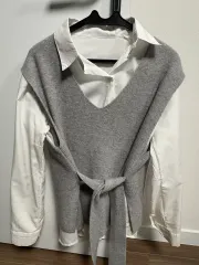 マタニティ服 シャツ レイヤード ニット ベスト グレー