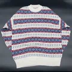【T-1】古着　総柄ニット　マルチカラー　アクリル　Mサイズ　ホワイト　ビンテージ　90s