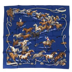 エルメス HERMES スカーフ カレ 90 シルク 100% Les Mustangs / 野生馬 バンダナ 大判 ショール 馬柄 レディース メンズ ネイビー 正規品 極美品 中古 mbu18006