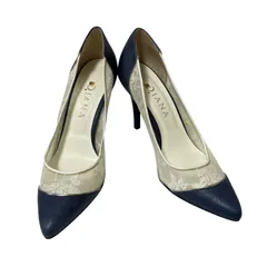  DIANA ダイアナ レース切り替えパンプス ハイヒール ポインテッドトゥ ネイビー/ホワイト サイズ24.0cm【ZK76】