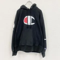 【値引き交渉OK！】古着 used　Champion　チャンピオン　リバースウィーブ　スウェットパーカー/フーディー　デカロゴ　黒　ブラック　Lサイズ