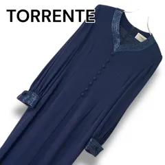 TORRENTE PARIS ビーズ装飾 ロングワンピース 13AR LL相当 ネイビー イギン正規品 トレント パリス くるみボタン キュプラ裏地 パフスリーブ 清楚 上品 冠婚葬祭 フォーマル 結婚式 お食事会 ミセス 希少サイズ 0001002OC