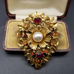 50'60's Florenza ヴィクトリアン ラインストーン 装飾 ヴィンテージ フローラル ブローチ レトロ ゴールドトーン 立体感 ジュエリー Y26-B