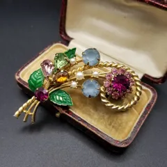 50'60's Weiss 色とりどりの花束 ラインストーン装飾 ヴィンテージ フラワー ブローチ レトロ ゴールドトーン 立体感 上品な存在感 Y26-B