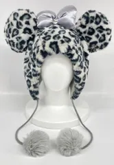 東京ディズニーリゾート 耳付きファンキャップ/グレー 中央ハートビーズ ヒョウ柄（リボン) 当時物