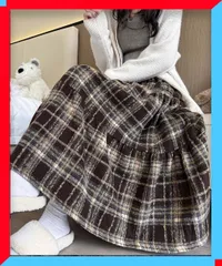 新品 フレアスカート Aライン チェック柄秋冬 人気ロングスカート ティアードスカート 体型カバースカート 【 送料無料 】