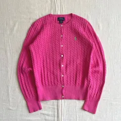 archive　POLO RALPH LAUREN　ポロラルフローレン　ケーブル編みコットンニット　ロングスリーブ　丸首カーディガン　濃ピンク　黄緑ワンポイントポニーロゴ刺繍　アメカジ　Y2K　平成ギャル　cable cotton knit cardigan