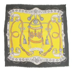 manipuri マニプリ ストール イエロー グレー ホワイト | スカーフ柄 プリント ストール | 正方形 フリンジ 総柄 | ウール カシミヤ シルク | ブランド ファッション アイテム 小物【レディース】【中古】