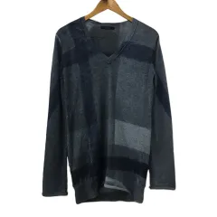 ジョンブル JOHNBULL セーター ニット プルオーバー Vネック モヘヤ混 チェック 長袖 S 紺 グレー ネイビー