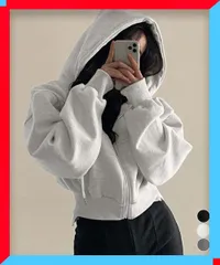 新品 ジップパーカー裏起毛ショート丈フーディー 大人カジュアル厚手 体型カバースエット インスタ映え秋冬服 【 送料無料 】