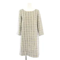 ストロベリーフィールズ STRAWBERRY-FIELDS ワンピース ひざ丈 チェック柄 ボートネック 七分袖 ツイード ウール混 モヘヤ混 2 ベージュ 青 ブルー /BB ■GY58