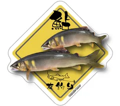 ※漢字デザイン🎵　新品🎵　未使用品　送料込価格🎵　おまけ付き商品🎵　アユ　友釣り　香魚　年魚　銀口魚　記月魚　清流の女王　鵜飼　渓流魚　釣り　トラウト　渓流　鮎「鮎　友釣り　防水　ステッカー（漢字）」（約８９ｍｍ×約９０ｍｍ）