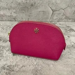 極美品　TORY BURCH トリーバーチ　化粧ポーチ　コスメ　マルチポーチ　小物入れ　半月型　ロゴ　ゴールド金具　レザー　濃いピンク