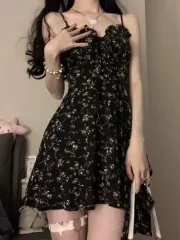 ブラック 小花柄 フリル アシンメトリー ミニ ONE PIECE リゾートワンピース タイONE PIECE