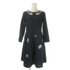 ボンメルスリー BON MERCERIE ワンピース 38 紺 ネイビー 花柄刺繍 ラウンドネック 長袖 /CK30 ■GY58