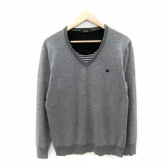 バーバリーブラックレーベル BURBERRY BLACK LABEL ニット カットソー 長袖 Vネック ロゴ刺繍 ウール混 3 グレー /SY28 ■GY53