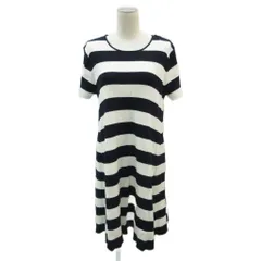 ザラ ZARA KNIT ニットワンピース L オフホワイト 紺 ネイビー ボーダー柄 ラウンドネック 半袖 ひざ丈 /HO15 ■GY58