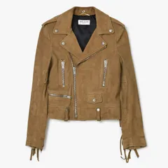 SAINT LAURENT PARIS サンローランパリ フリンジ ライダースジャケット 455748 Y5QM2 イタリア製 やぎ革 ベージュ シルバー金具 サイズF34 美品 中古 4b010476のサムネイル
