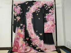 平和屋着物●豪華振袖　刺繍　牡丹花文　ラメ糸　黒地　銀彩　正絹　逸品　CABC6766yc