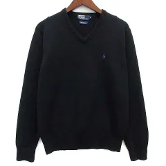 ポロ バイ ラルフローレン Polo by Ralph Lauren ラムウール ニット Vネック セーター ワンポイント ブラック 黒 M