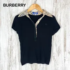 BURBERRY BLUE LABEL バーバリーブルーレーベル ホースロゴ刺繍 ノバチェック スキッパー コットン リブ 半袖 ポロシャツ ブラック レディース トップス