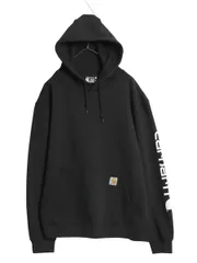 【お得なクーポン配布中!】 カーハート スウェット フード パーカー メンズ L 古着 袖 ロゴ プリント トレーナー 裏起毛 プルオーバー ミドルウェイト ワンポイント 黒