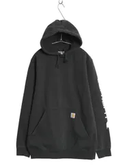 【お得なクーポン配布中!】 カーハート スウェット フード パーカー メンズ M 古着 袖 ロゴ プリント トレーナー 裏起毛 プルオーバー ミドルウェイト ワンポイント 黒