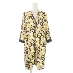 ザラ ベーシック ZARA BASIC ワンピース L ベージュ 黒 ブラック 総柄 Vネック 七分袖 /CK47 ■GY61