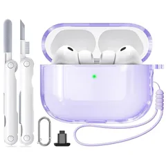 Inesore for AirPods Pro3 ケース クリア (2025) シリカゲルロープ & カラビナ & クリーニングペン付き、TPU素材/全面保護/耐衝撃/強力な落下防止、エアーポッズプロ 第3世代対応保護カバー-パープル 0
