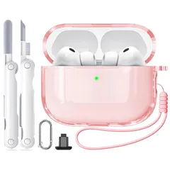 Inesore for AirPods Pro3 ケース クリア (2025) シリカゲルロープ & カラビナ & クリーニングペン付き、TPU素材/全面保護/耐衝撃/強力な落下防止、エアーポッズプロ 第3世代対応保護カバー-ピンク 1