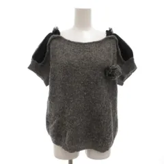 ランバンオンブルー LANVIN en Bleu 半袖ニット セーター ウール 38 グレー 黒 ブラック チュール切替 サテン ポンポン リボン /GV ■GY53